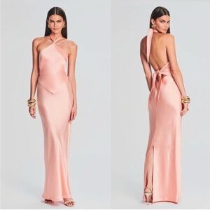 Retrofete Ester Satin Maxi Gown Size L Cantaloupe Peach Halter Dress Party Event